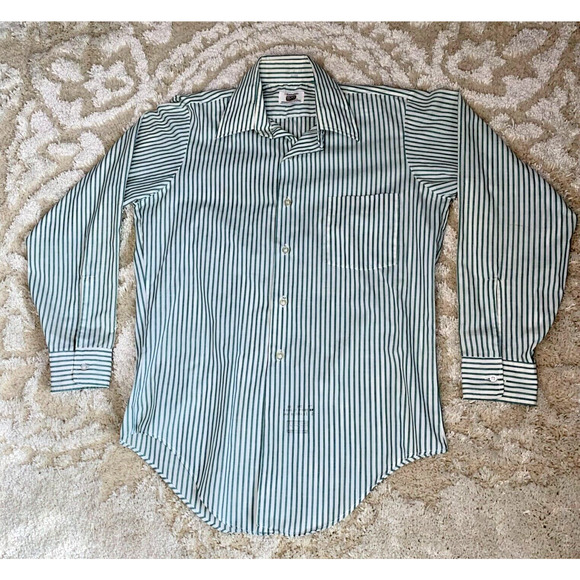 Vintage Manhattan Dura Brite Men’s Shirt Green Striped 60s Button 14.5-32 - Picture 1 of 9